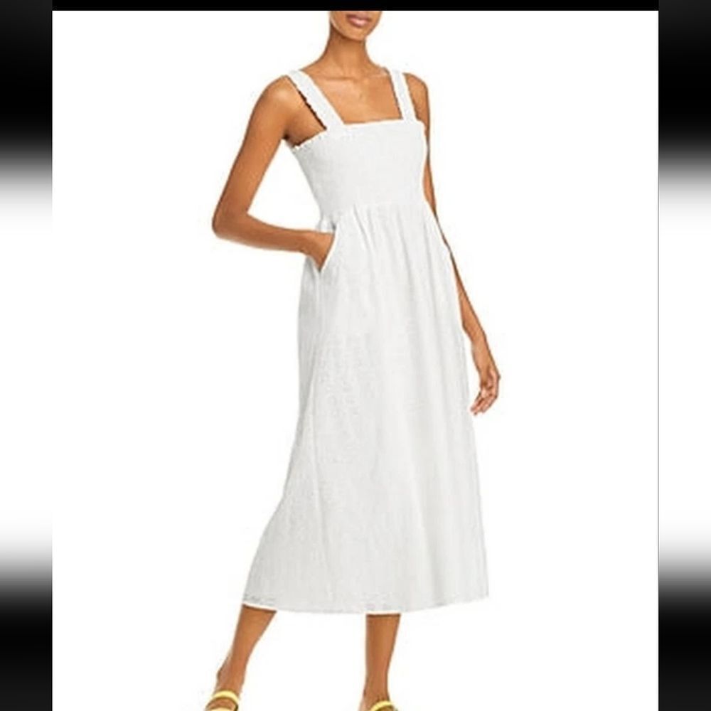AQUA White Cotton Eyelet Smocked Lined Midi Dress Size XS